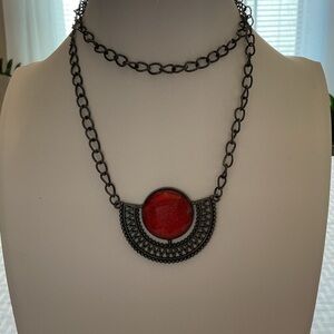 Red Glitter Vintage Gunmetal Pendant Necklace